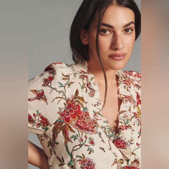 Anthropologie Pilcro Ruffle-Collar Buttondown Dress Cream Floral Boho Size 12 - Picture 15 of 16